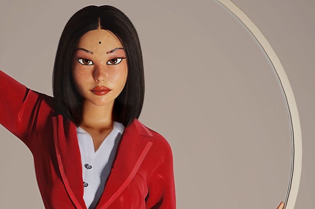 Ilustração de Satiko, influenciadora digital virtual e avatar de Sabrina Sato no metaverso. Ela tem cabelos pretos e lisos na altura dos ombros, uma pinta na testa, maquiagem nos olhos que são castanhos e batom vermelho. Ela usa camisa branca e blazer vermelho.