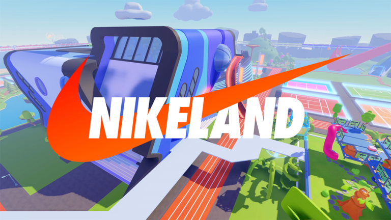 Ilustração para divulgação da Nikeland, metaverso da marca Nike. Vê-se desenhos de: céu azul com nuvens brancas, um prédio azul e uma espécie de parque com gramado verde. Ao centro, o logo da Nikeland em branco com o símbolo da Nike em laranja.